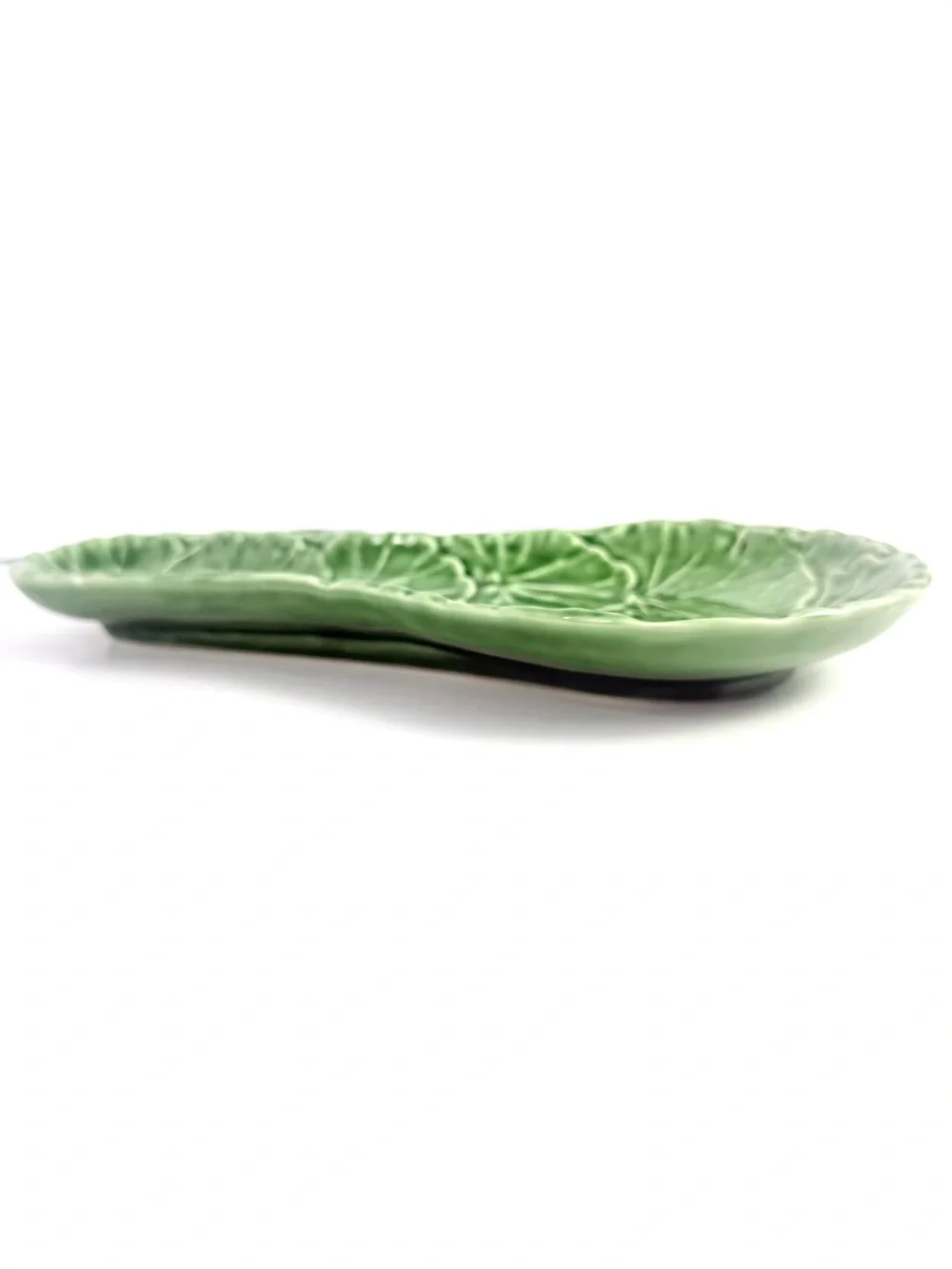 Vintage Ceramic Spoon Rest Olfaire Green Glazed Majolica Leaf Portugal Made